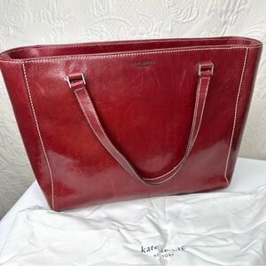 Kate Spade NY 90s VTG Glazed Caramel Leather Dark Red Tote Bag